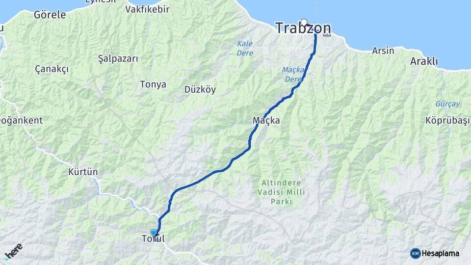 Gümüşhane Torul Trabzon Arası Kaç Km - Yol Haritası