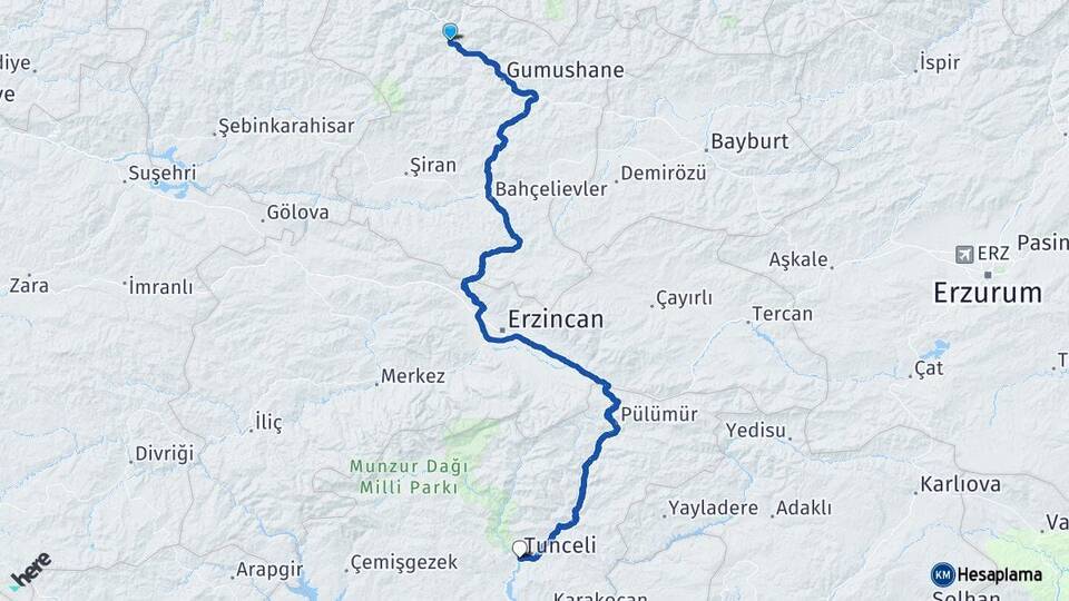 Gümüşhane Torul Tunceli Arası Kaç Km - Yol Haritası