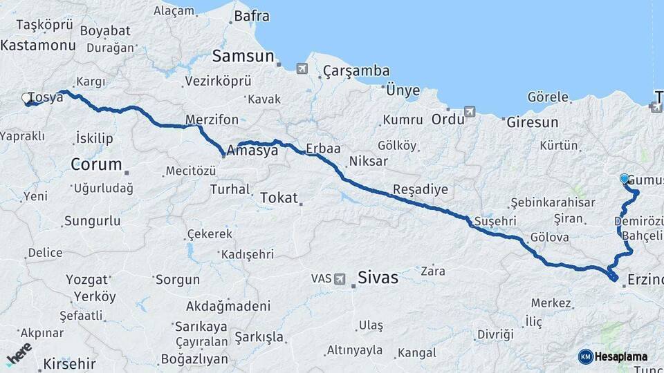 Gümüşhane Tosya Kastamonu Arası Kaç Km - Yol Haritası