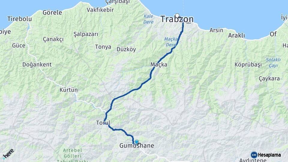 Gümüşhane Trabzon Arası Kaç Km - Yol Haritası