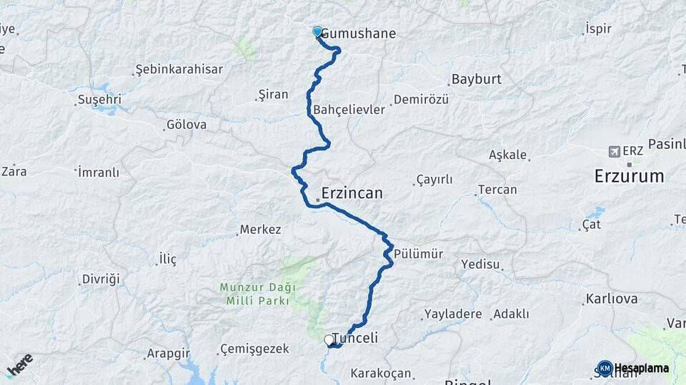 Gümüşhane Tunceli Arası Kaç Km - Yol Haritası