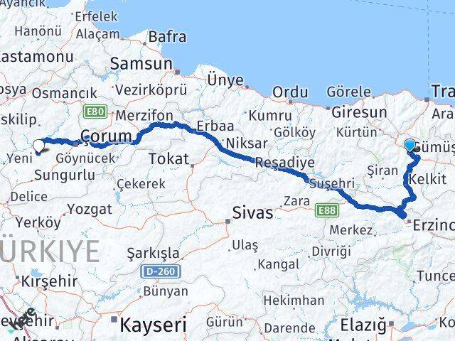 Gümüşhane Uğurludağ Çorum Arası Kaç Km - Yol Haritası