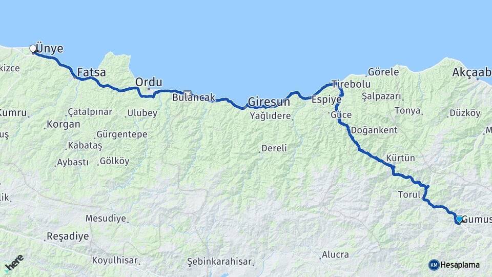 Gümüşhane Ünye Ordu Arası Kaç Km - Yol Haritası