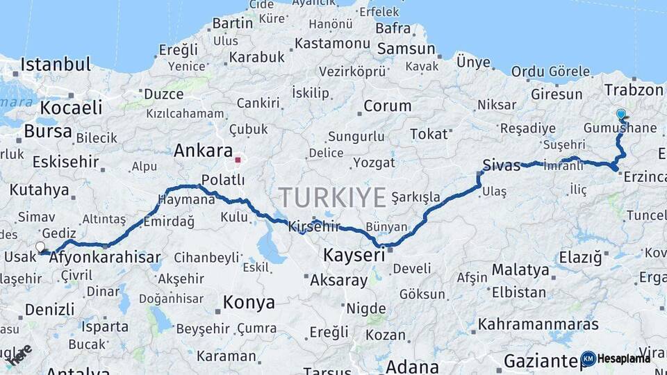 Gümüşhane Uşak Arası Kaç Km - Yol Haritası