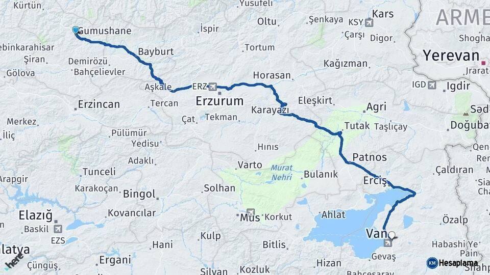 Gümüşhane Van Arası Kaç Km - Yol Haritası