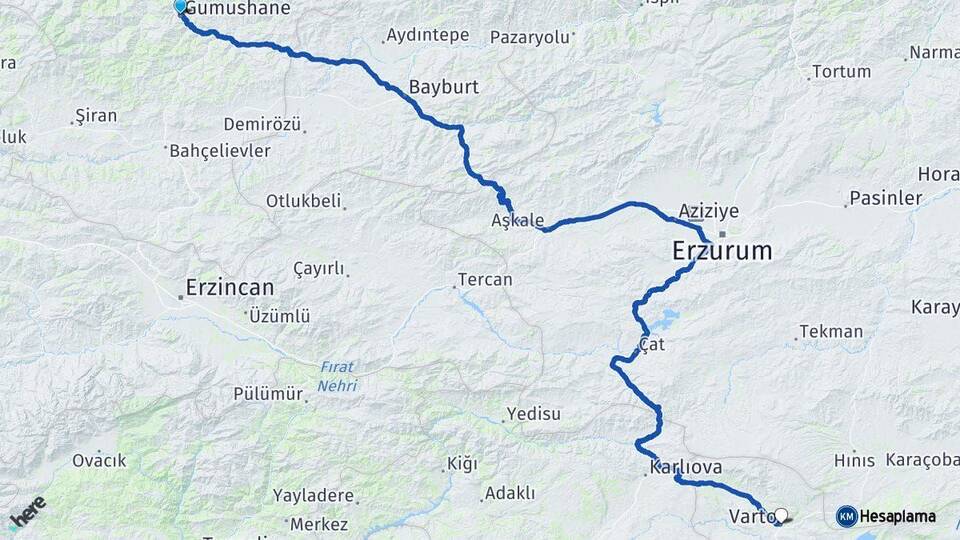 Gümüşhane Varto Muş Arası Kaç Km - Yol Haritası