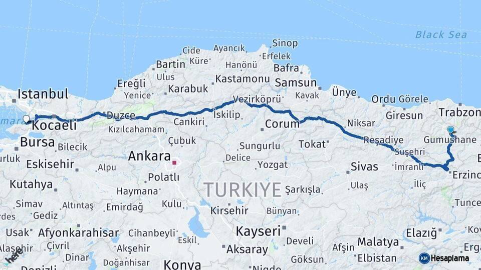 Gümüşhane Yalova Arası Kaç Km - Yol Haritası