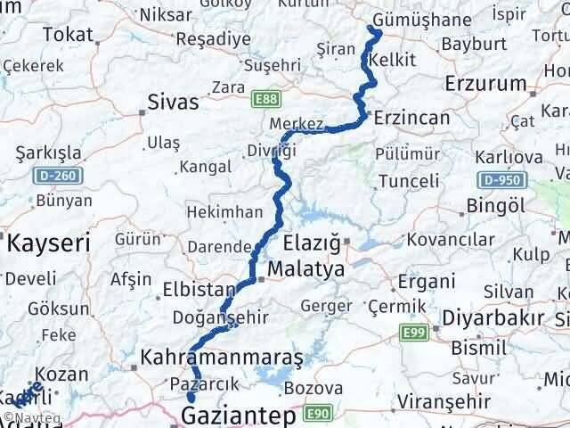 Gümüşhane Yavuzeli Gaziantep Arası Kaç Km - Yol Haritası
