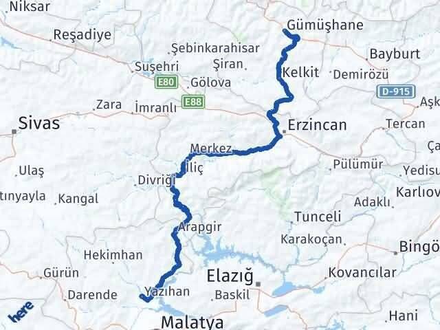 Gümüşhane Yazıhan Malatya Arası Kaç Km - Yol Haritası