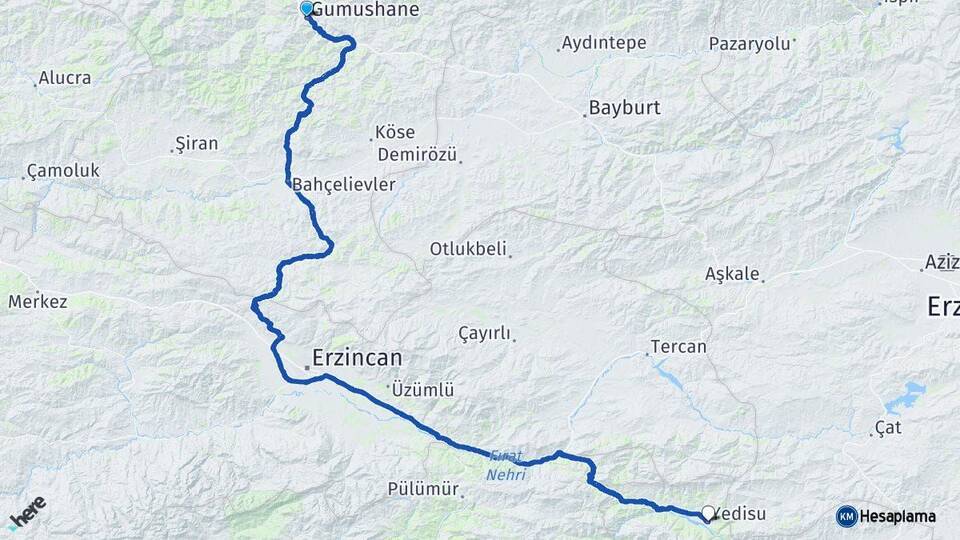 Gümüşhane Yedisu Bingöl Arası Kaç Km - Yol Haritası
