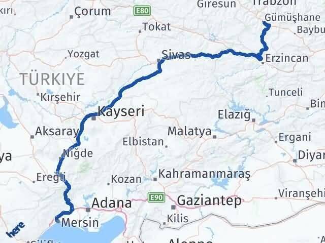 Gümüşhane Yenişehir Mersin Arası Kaç Km - Yol Haritası