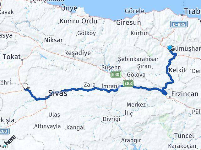 Gümüşhane Yıldızeli Sivas Arası Kaç Km - Yol Haritası