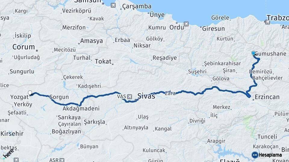 Gümüşhane Yozgat Arası Kaç Km - Yol Haritası