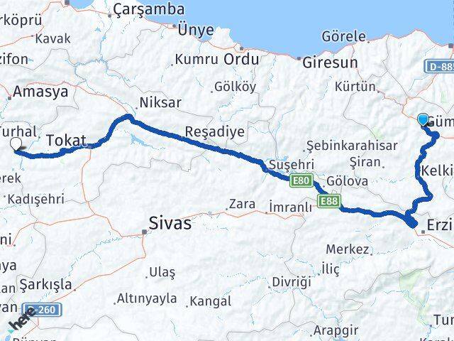 Gümüşhane Zile Tokat Arası Kaç Km - Yol Haritası