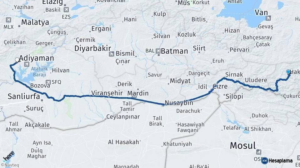 Hakkari Adıyaman Arası Kaç Km - Yol Haritası