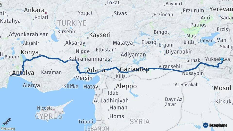 Hakkari Antalya Arası Kaç Km - Yol Haritası