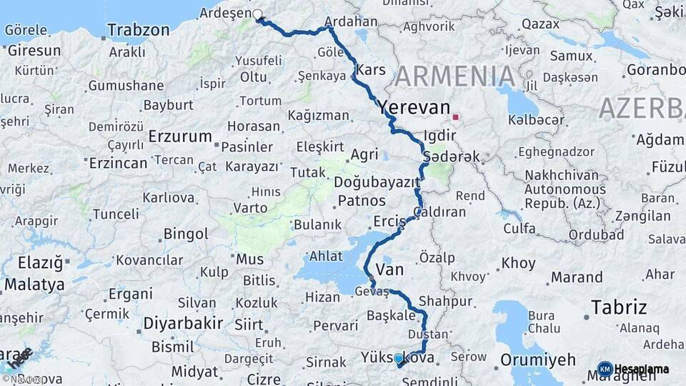Hakkari Artvin Arası Kaç Km - Yol Haritası