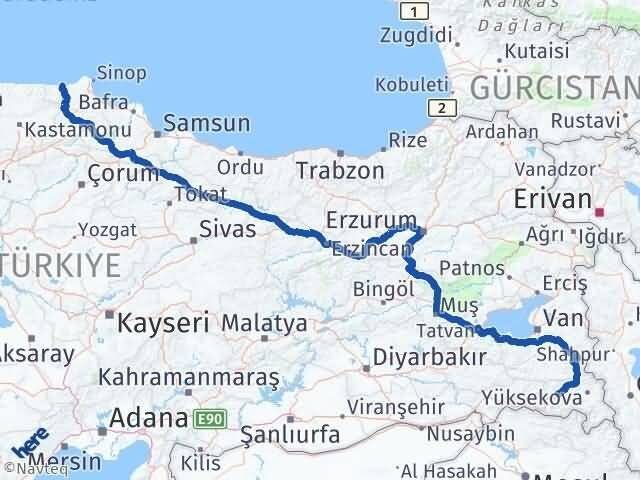 Hakkari Ayancık Sinop Arası Kaç Km - Yol Haritası