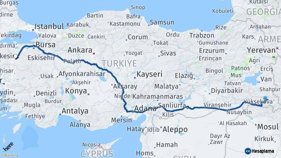 Hakkari Balıkesir Arası Kaç Km - Yol Haritası