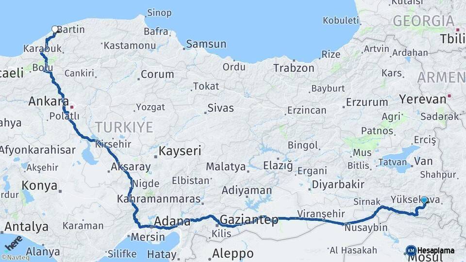 Hakkari Bartın Arası Kaç Km - Yol Haritası
