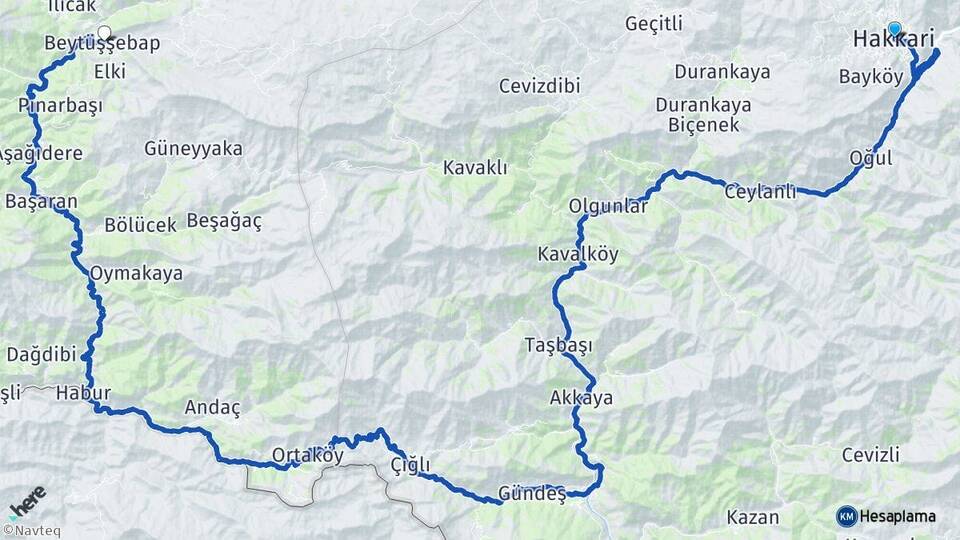 Hakkari Beytüşşebap Şırnak Arası Kaç Km - Yol Haritası