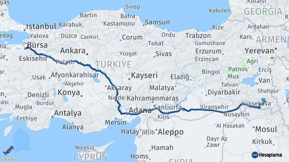 Hakkari Bursa Arası Kaç Km - Yol Haritası