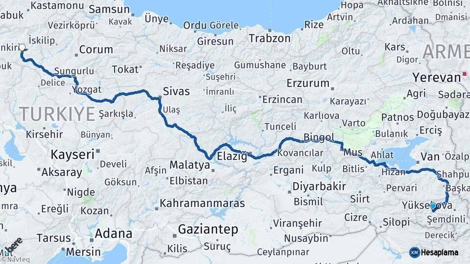 Hakkari Çankırı Arası Kaç Km - Yol Haritası