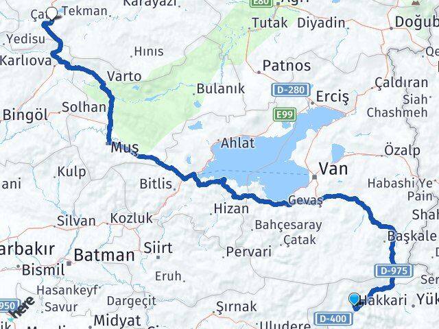 Hakkari Çat Erzurum Arası Kaç Km - Yol Haritası