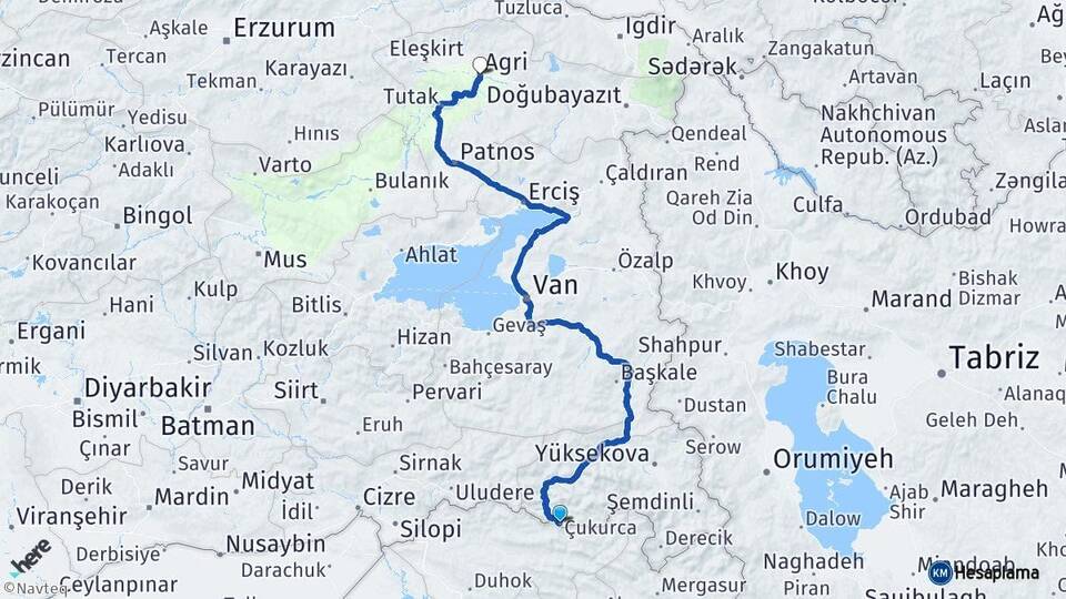 Hakkari Çukurca Ağrı Arası Kaç Km - Yol Haritası