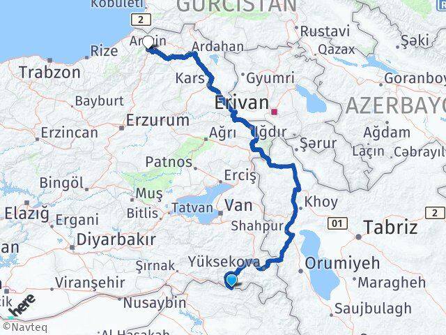 Hakkari Çukurca Artvin Arası Kaç Km - Yol Haritası