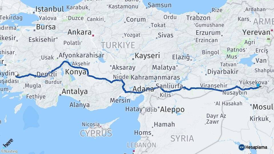 Hakkari Çukurca Aydın Arası Kaç Km - Yol Haritası