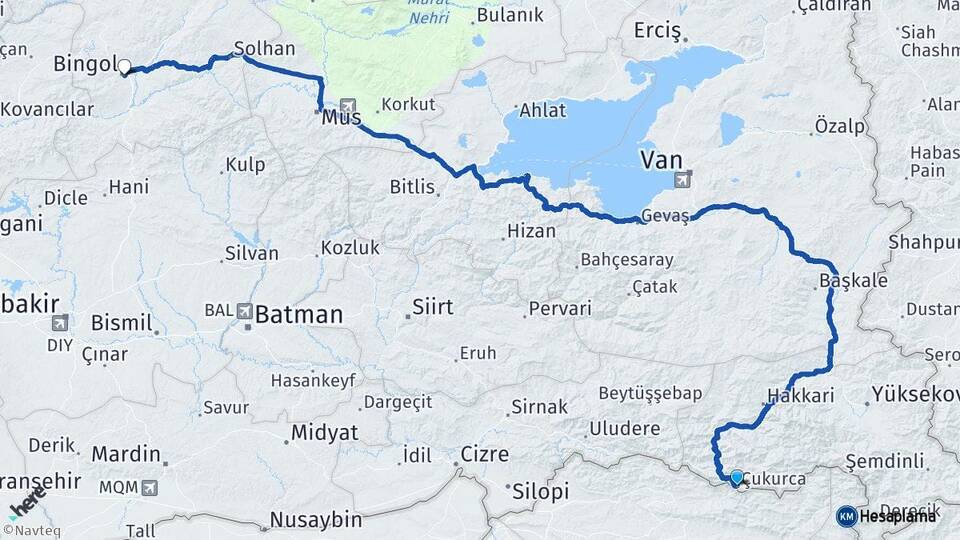 Hakkari Çukurca Bingöl Arası Kaç Km - Yol Haritası
