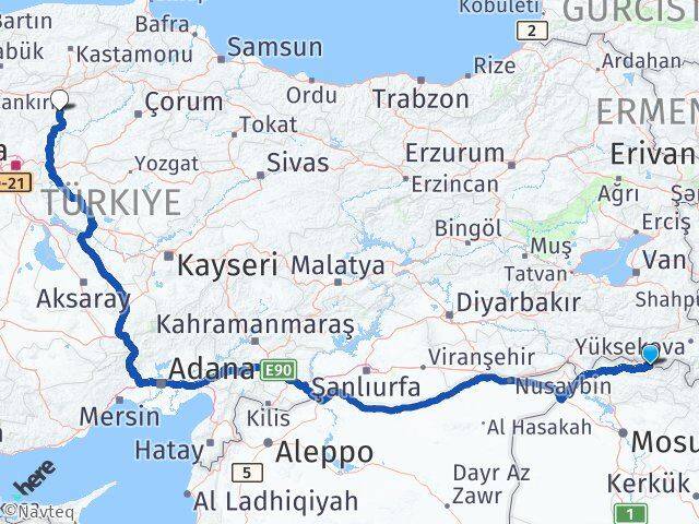 Hakkari Çukurca Çankırı Arası Kaç Km - Yol Haritası