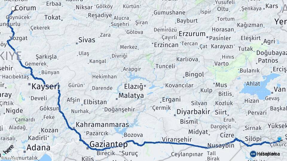 Hakkari Çukurca Çorum Arası Kaç Km - Yol Haritası