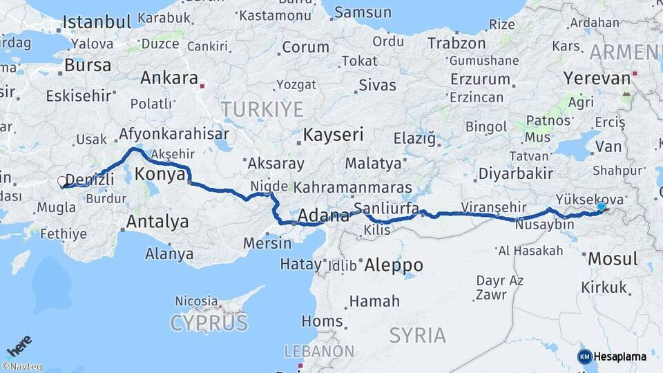 Hakkari Çukurca Denizli Arası Kaç Km - Yol Haritası
