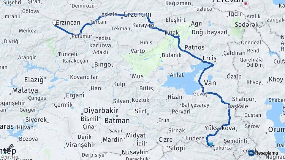 Hakkari Çukurca Erzincan Arası Kaç Km - Yol Haritası