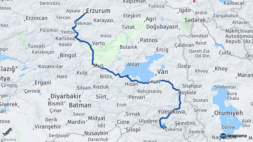 Hakkari Çukurca Erzurum Arası Kaç Km - Yol Haritası