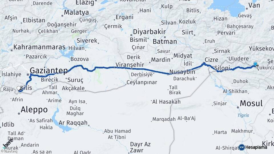 Hakkari Çukurca Kilis Arası Kaç Km - Yol Haritası