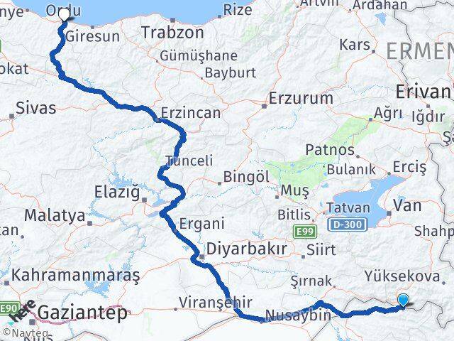 Hakkari Çukurca Ordu Arası Kaç Km - Yol Haritası