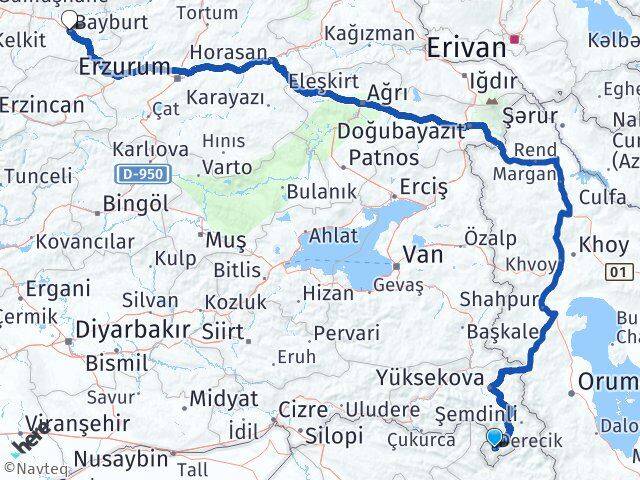 Hakkari Derecik Bayburt Arası Kaç Km - Yol Haritası