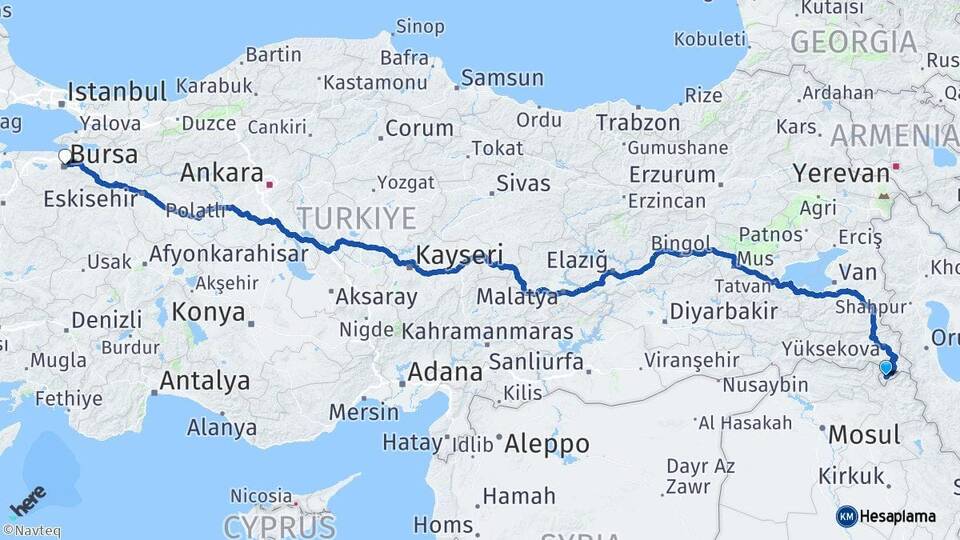 Hakkari Derecik Bursa Arası Kaç Km - Yol Haritası