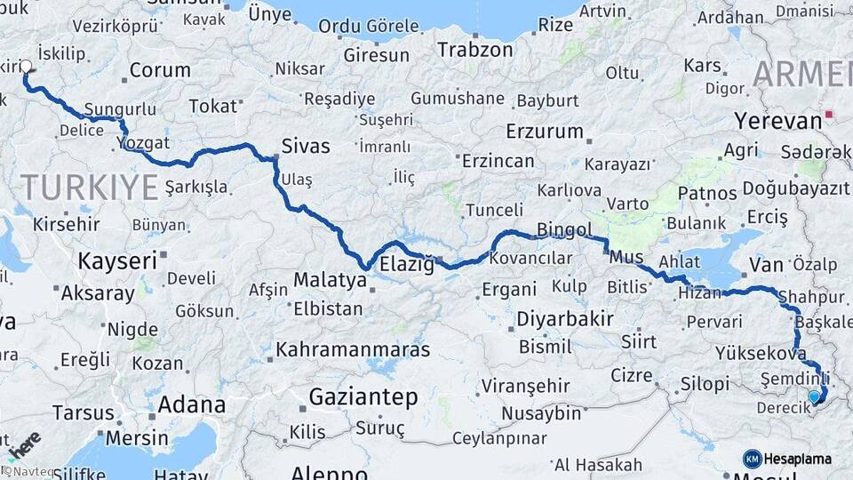 Hakkari Derecik Çankırı Arası Kaç Km - Yol Haritası