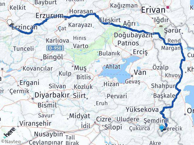 Hakkari Derecik Erzincan Arası Kaç Km - Yol Haritası