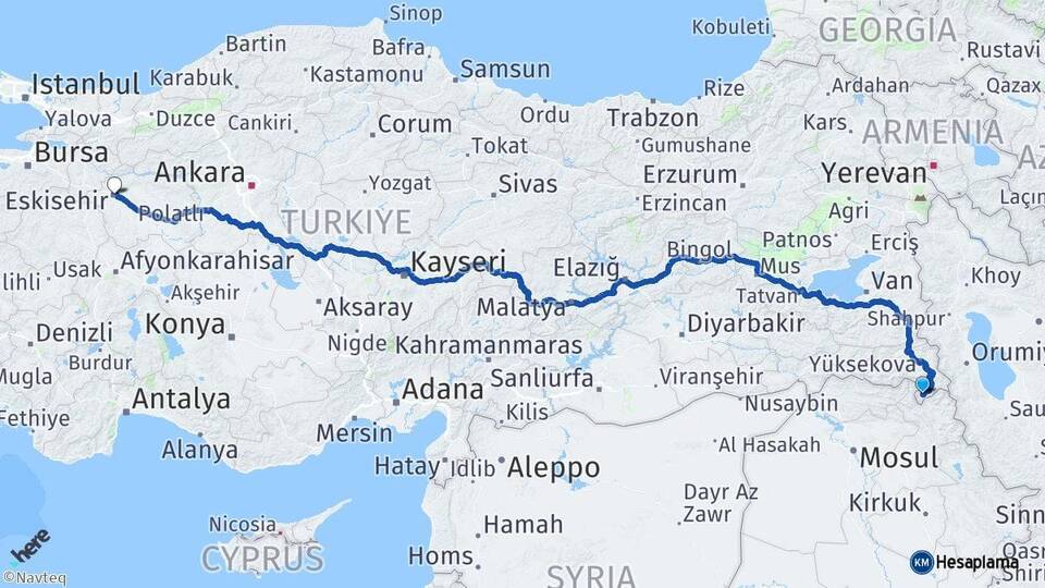 Hakkari Derecik Eskişehir Arası Kaç Km - Yol Haritası