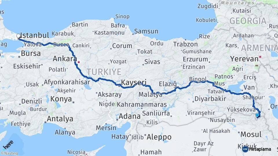 Hakkari Derecik İstanbul Arası Kaç Km - Yol Haritası