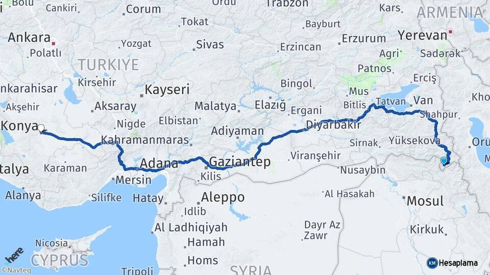 Hakkari Derecik Konya Arası Kaç Km - Yol Haritası