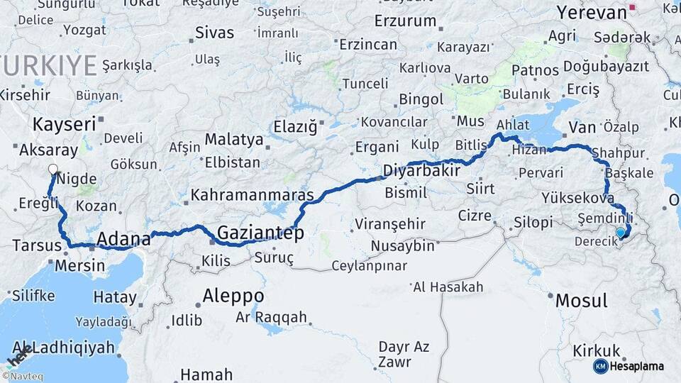 Hakkari Derecik Niğde Arası Kaç Km - Yol Haritası