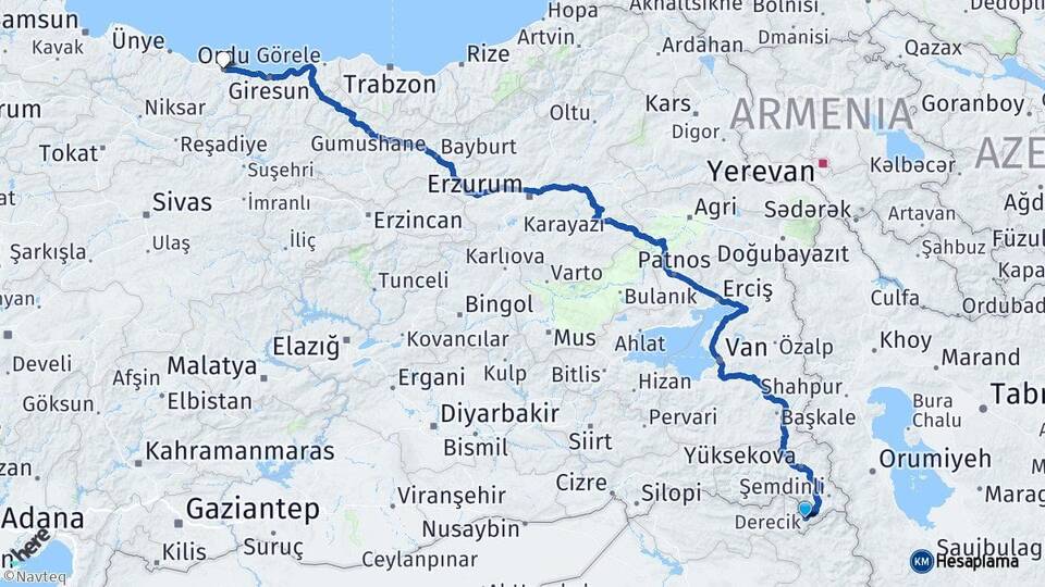 Hakkari Derecik Ordu Arası Kaç Km - Yol Haritası