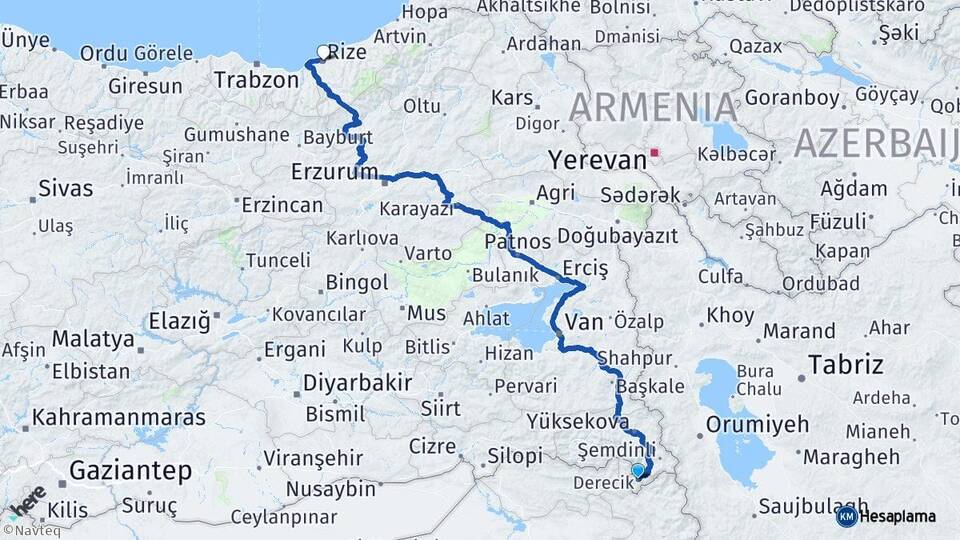 Hakkari Derecik Rize Arası Kaç Km - Yol Haritası