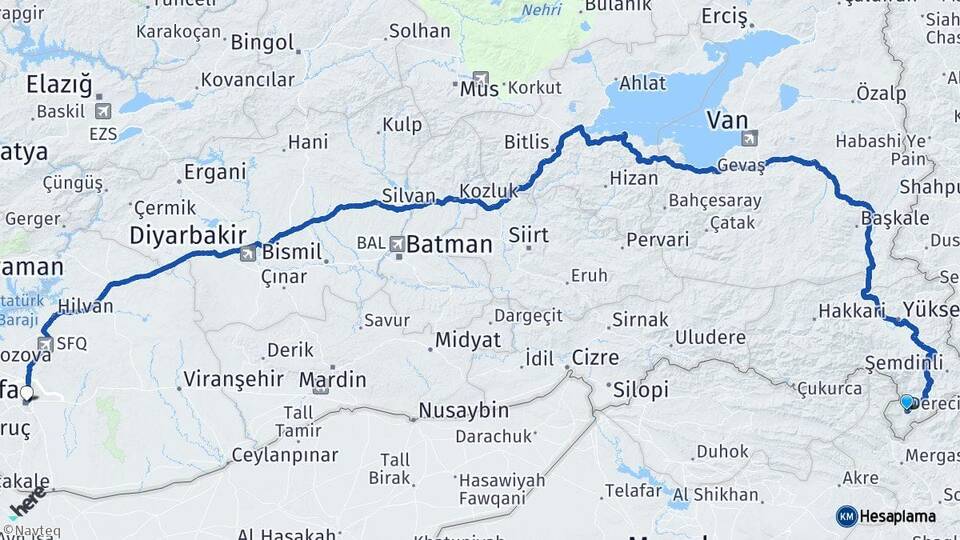 Hakkari Derecik Şanlıurfa Arası Kaç Km - Yol Haritası